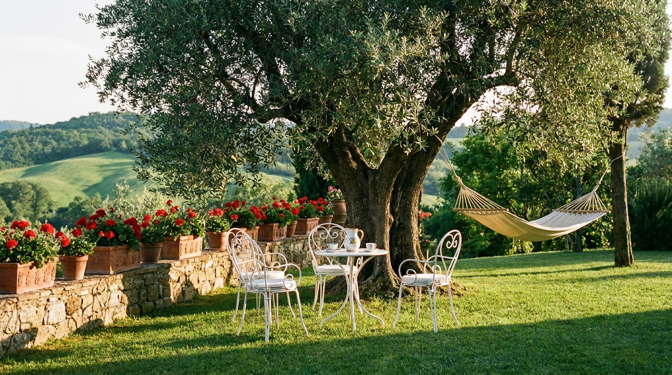 Il giardino del bed and breakfast con tavolino sotto l'olivo